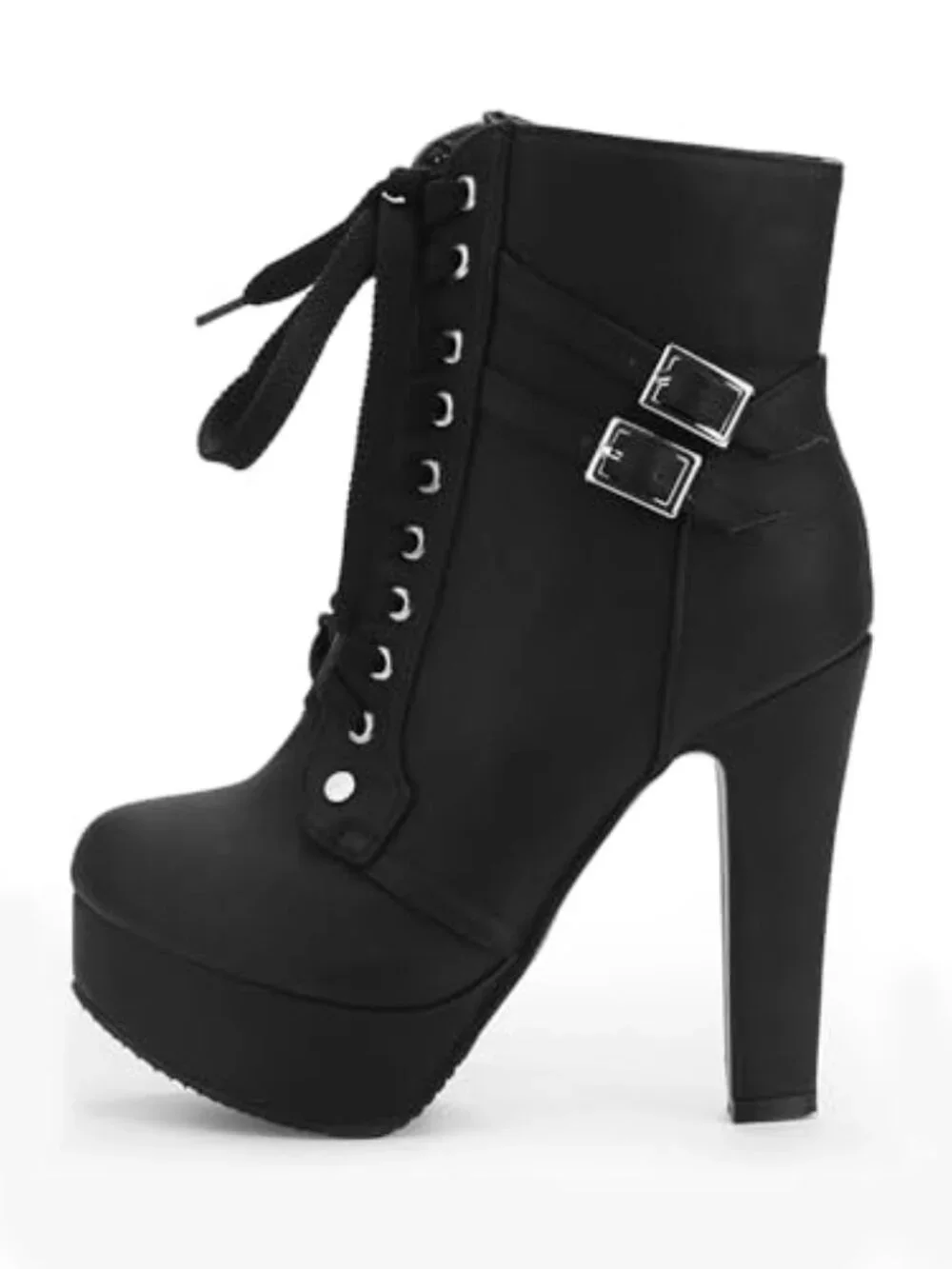 Women's Block Heel Booties Round Toe Lace Up Zip Closure PU Leather